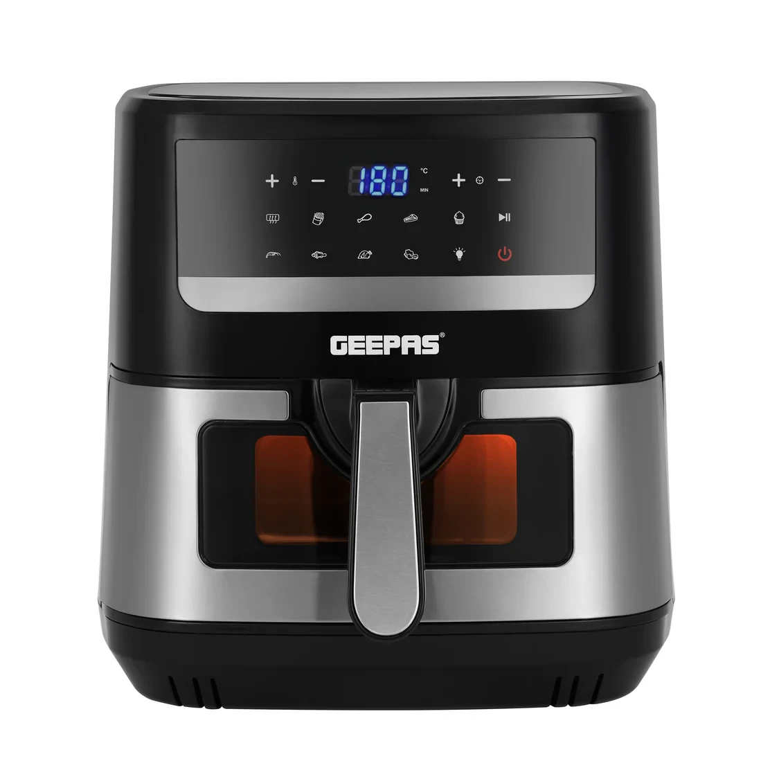 Geepas Double Heating Digital Air Fryer GAF37543 7.5L features Vortex Frying Technology, a Dual Heating System, 9 preset cooking programs, an adjustable timer, and temperature control, all allowing fo