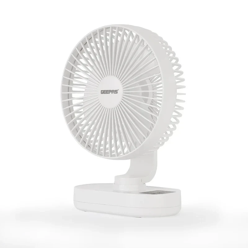 Geepas GF21157 8-inch rechargeable fan with 3-speed control, LED night light, 9-hour runtime on lithium battery, adjustable head, and portable design.