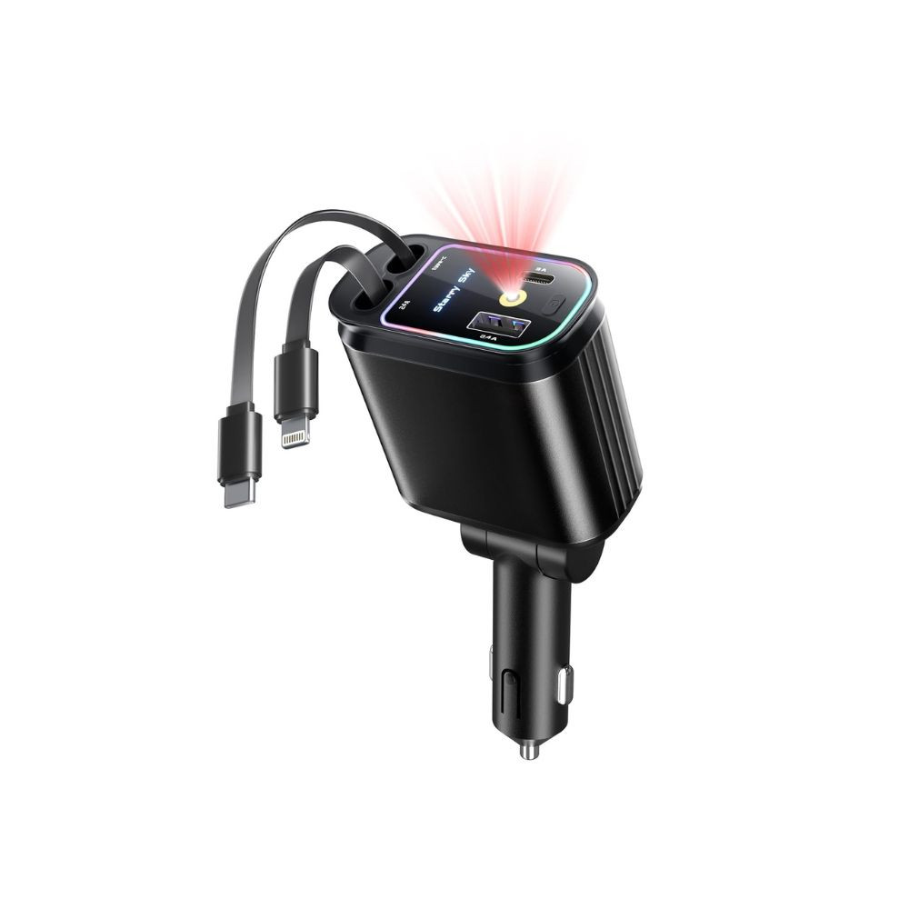 4 in 1 Retractable Car Charger 66W Fast Charging with Dual Cables and USB Ports