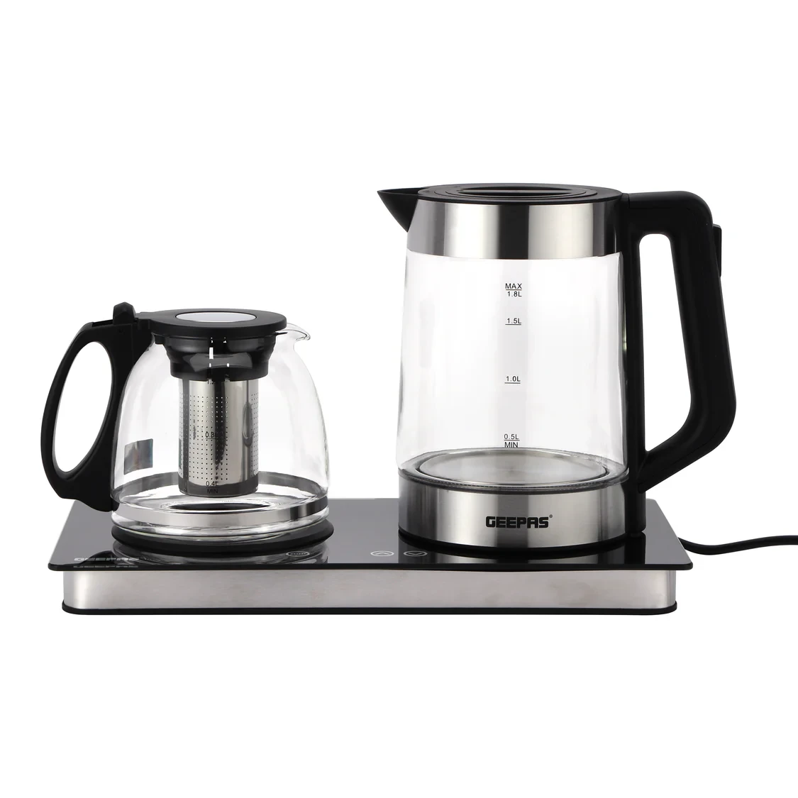 Geepas Borosilicate Glass Digital Tea Maker GTM38065, 1.8L and 1.2L capacity, with touch screen control, fast boiling feature, available in silver and black.
