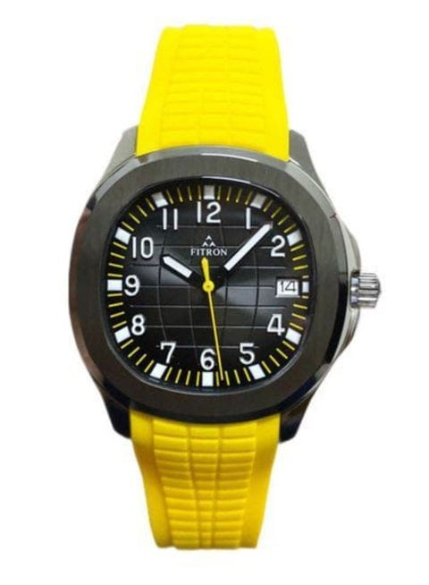 Fitron Men’s Wrist Watch with Yellow Rubber Strap, Black Case & Black Dial with Date – Dégagé Quartz Analog Timepiece