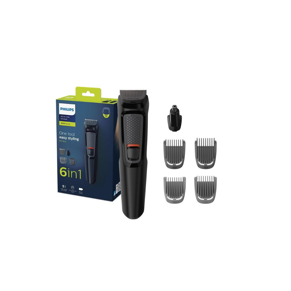 Philips Multigroom 3000 MG3710/33,6-in-1 Beard & Face Trimmer,Maintenance-Free Blades, No Oil Needed,60min Cordless Use,Nose & Ear Trimmer, Beard & Stubble Combs,Storage Pouch Included Black