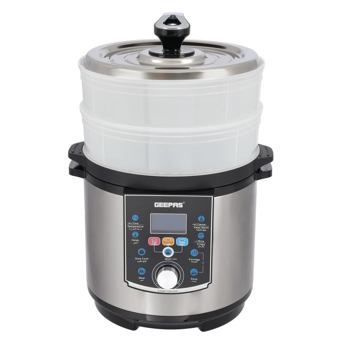 Geepas GMC35037 is a multi-function pressure cooker with a 6-liter capacity and a power of 1000 watts. It has an LED display, an automatic shut-off feature, and a 24-hour preset function