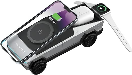 Porodo Cyber Dock 3-in-1 Wireless Charging Station, 15W Fast Wireless Charger with Motorized Rotating Stand for iPhone, Telescopic Holder for Apple Watch, Charging Pad for AirPods (Cybertruck Design)