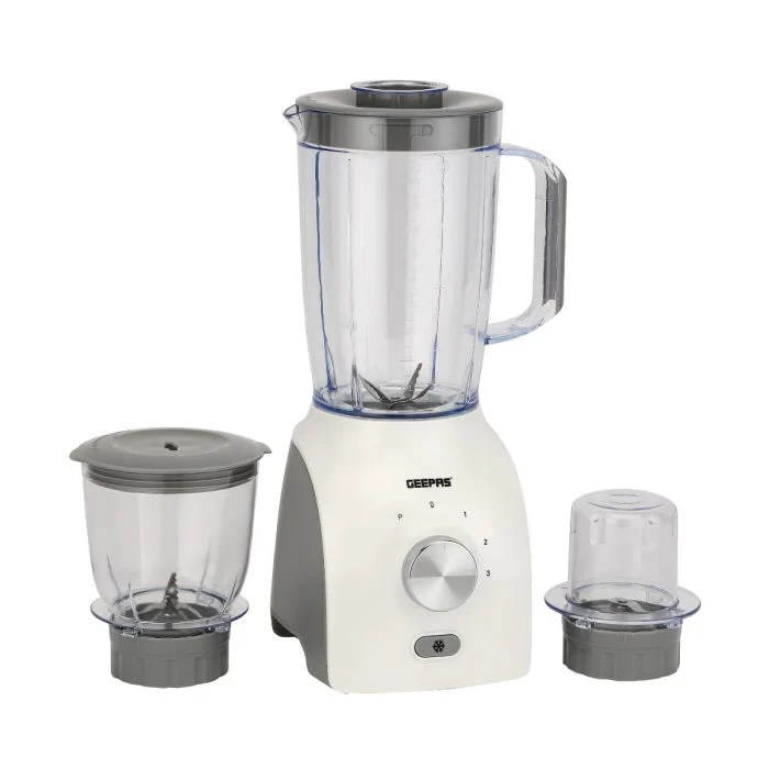 Geepas 3-in-1 blender model GSB44034N comes with a 600W strong motor, three speed settings and a pulse function. It has clear jars and stainless steel blades. It also includes a grinder and a chopper 