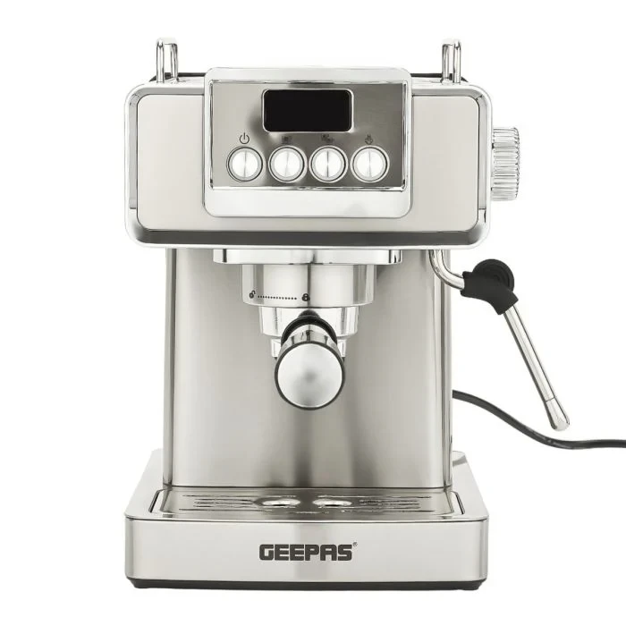Geepas GCM41520 Espresso Coffee Machine features a 20 bar high-pressure ULKA pump, a 1.8 liter detachable water tank, a professional frothing function, and a dual cup filter.