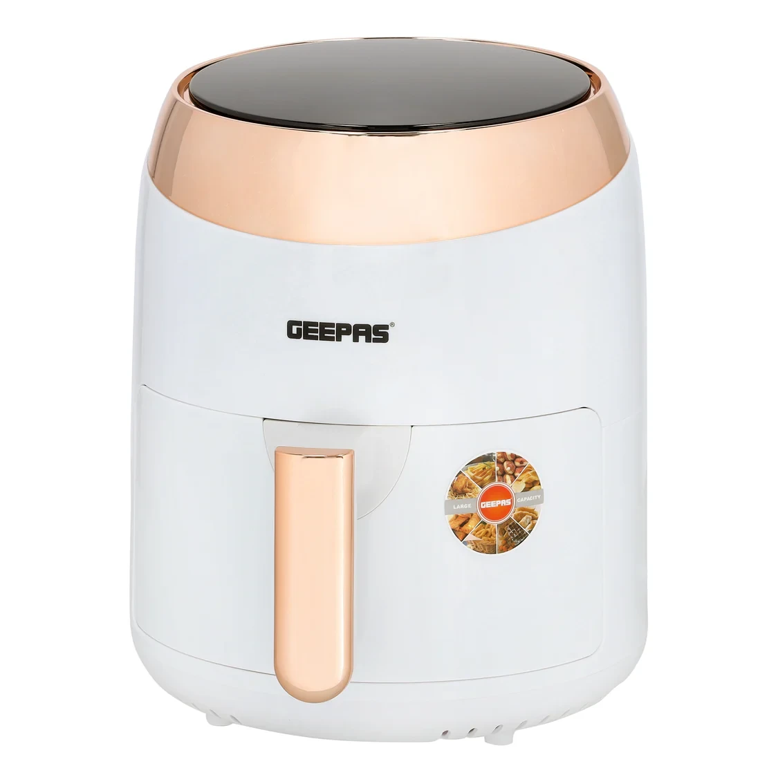 Geepas Digital Air Fryer - GAF37522, with a 3.5-liter capacity, 1400 watts of power, hot air circulation technology, oil-free cooking using a non-stick basket, and built-in overheat protection.