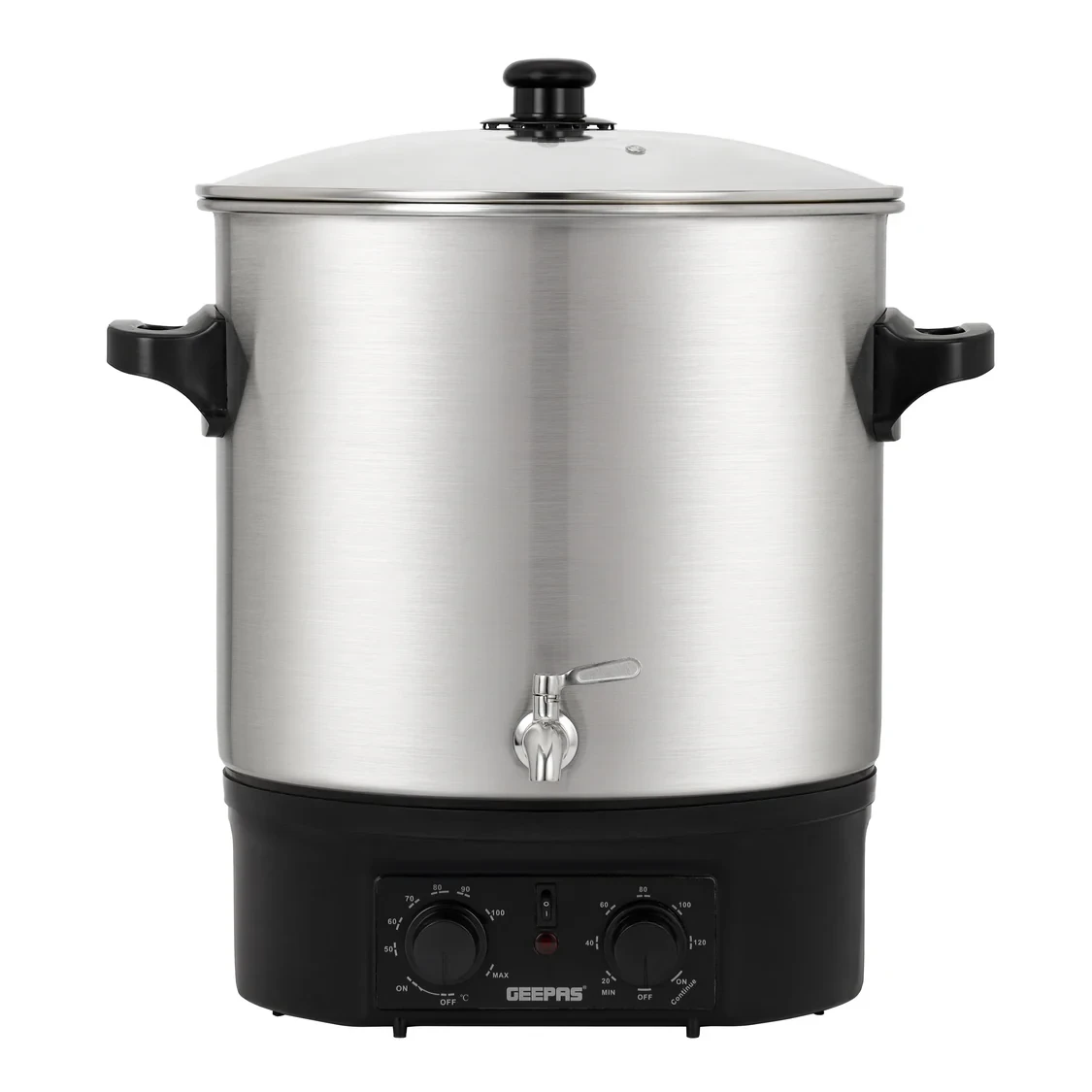 Geepas Stainless Steel Water Boiler 27L GK38077 with 2000W power, high performance, built-in timer, boil-dry protection, safety features, durable design, and energy efficient.