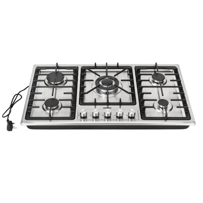 Geepas GGC31043 is a built-in gas hob featuring five burners made from stainless steel. It comes with an auto ignition system, a flame safety device, high efficiency burners, and a design that is easy