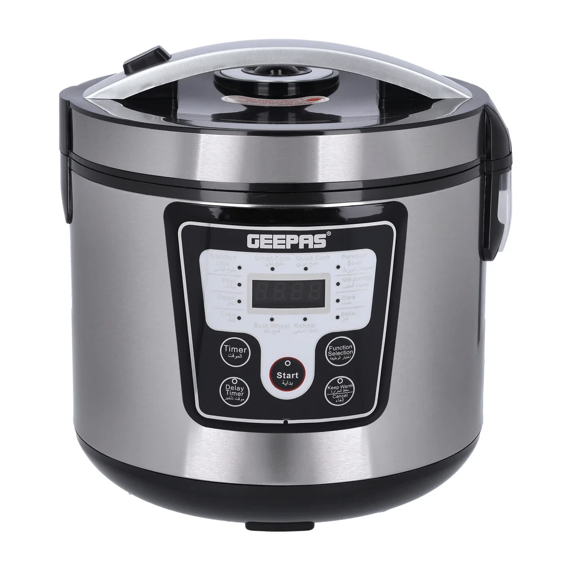 Geepas Electric Pressure Cooker is a multi-cooker that comes with a non-stick pot. It has a digital LED display and a touch menu to choose different settings. The cooker has 12 one-touch programs for 