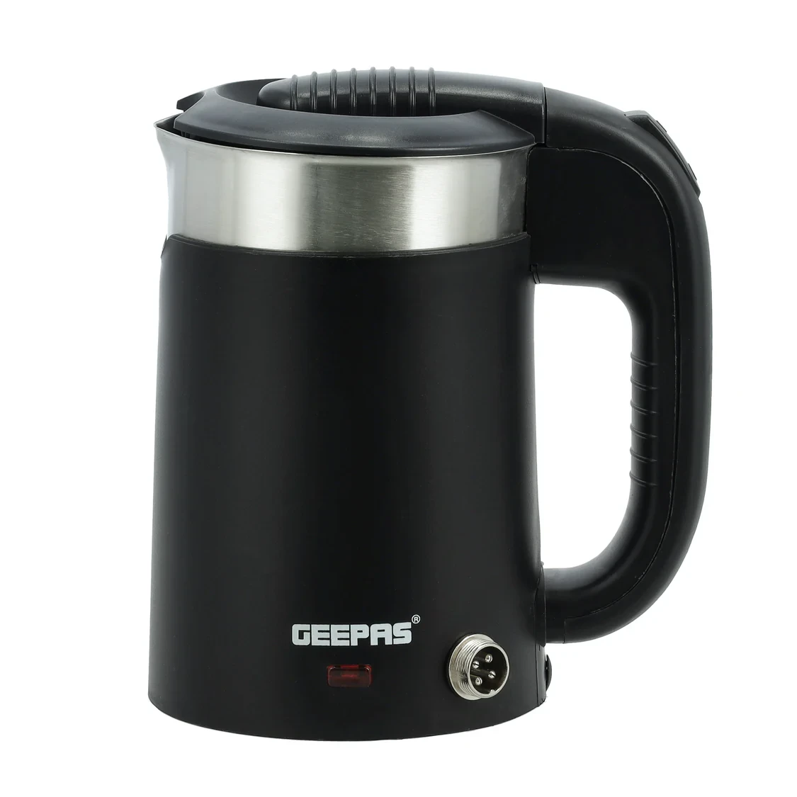 A 2-in-1 double-layer traveler's kettle with a 0.5L capacity, model GK38055, a 12V portable electric kettle for use in cars, made of stainless steel, and includes a coffee mug with a cigarette lighter