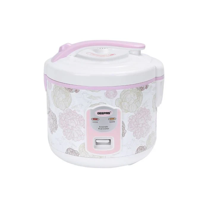 Geepas 1.5-liter rice cooker model GRC4334 with 500 watts power, featuring cook, steam, and keep warm functions, comes with a non-stick inner pot that's easy to clean, has a compact design, and is ene