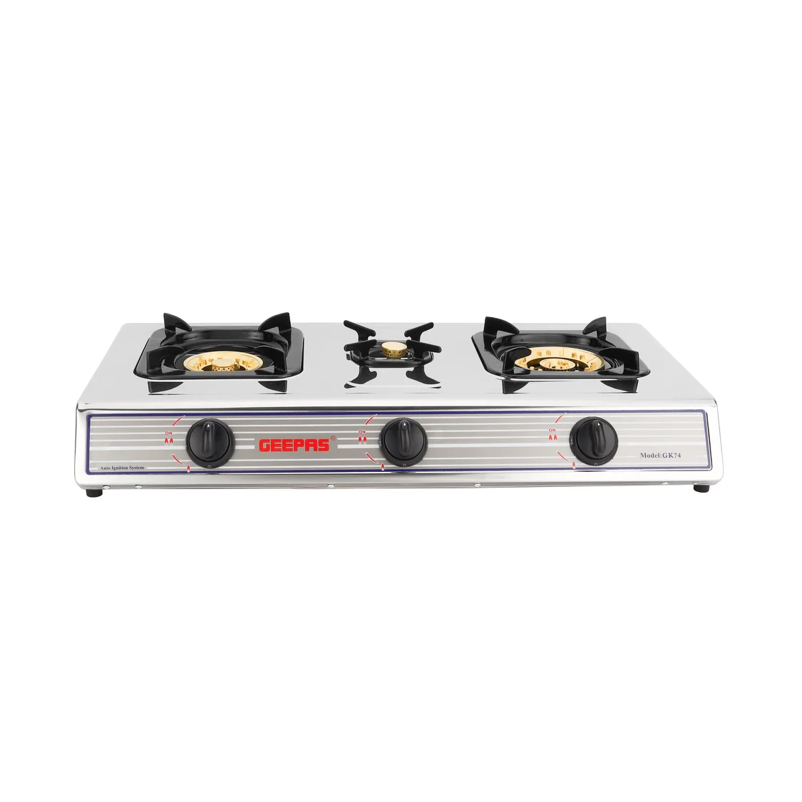 Geepas GK74 stainless steel gas cooker with two burners, features durable brass burners, an auto ignition system, high efficiency flame, and a design that's easy to clean.