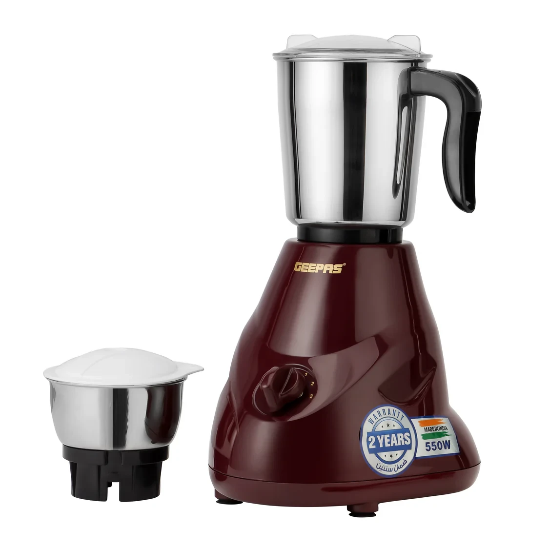 Geepas 2-in-1 Mixer Grinder GSB44091 comes with a 550W strong motor, stainless steel jars and blades, an ergonomic grip for comfortable use, an overload protector to prevent damage, and is available i