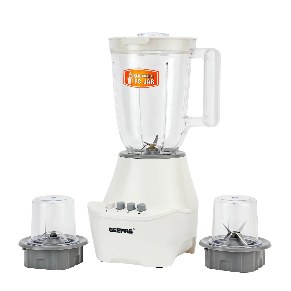 Geepas 3-in-1 Blender model GSB6104N has a 400W strong motor. It comes with 2 speed settings and a pulse function.