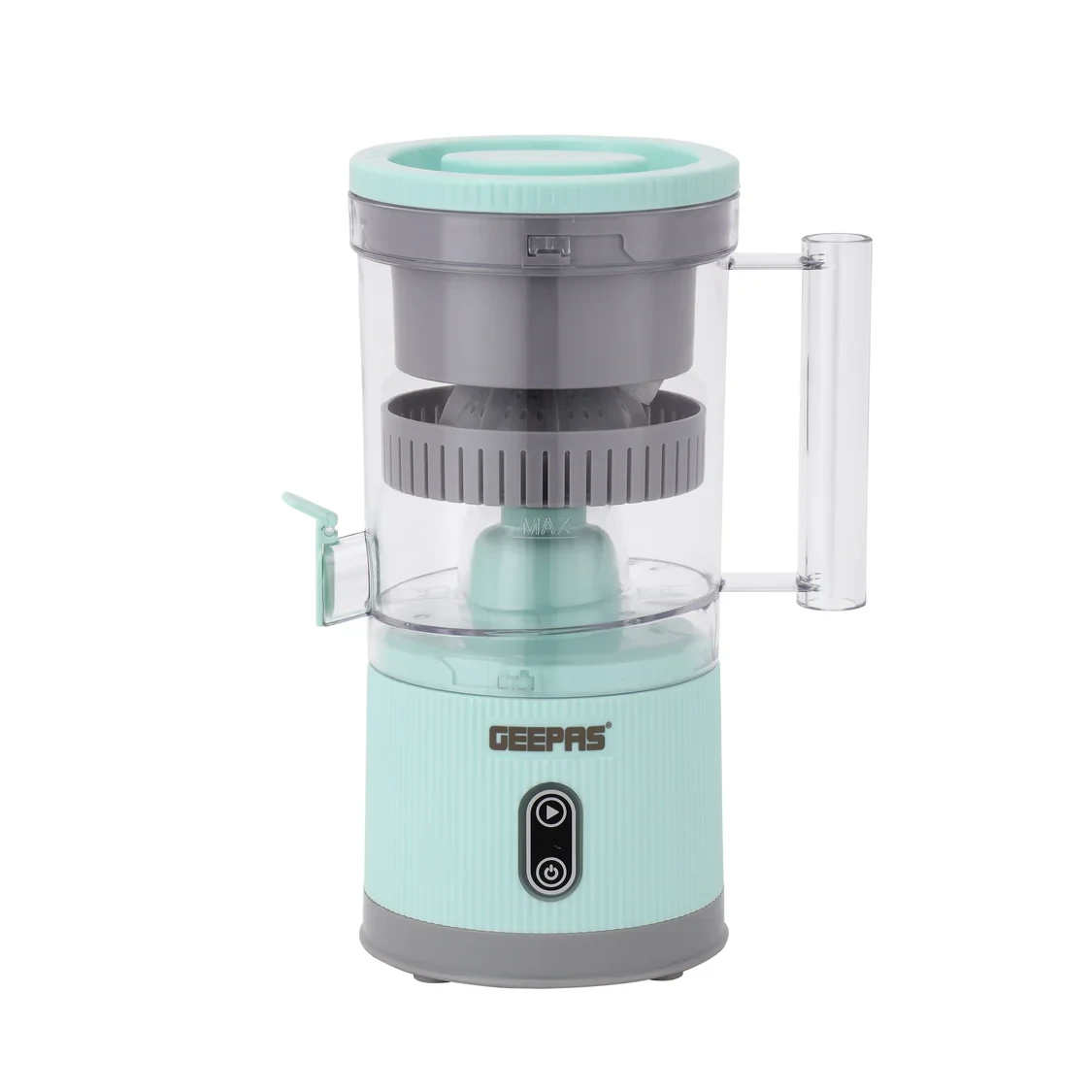 Geepas GCJ46019 Rechargeable Citrus Juicer with a 200ml capacity, featuring USB charging, sensor touch control, wireless operation, detachable caps and cones, and easy cleaning.