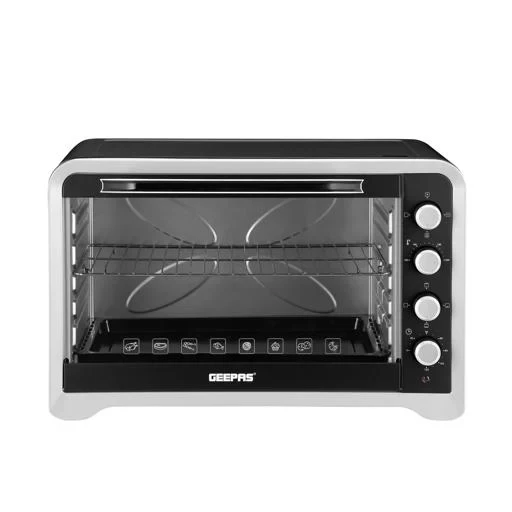 Geepas Electric Oven GO4406 has a 100-liter capacity and uses 2800 watts of power. It includes a rotisserie and convection function for even cooking