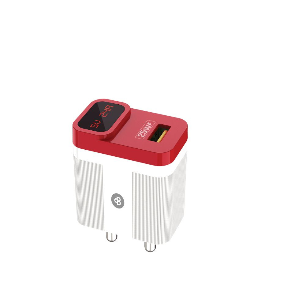 BEYOX BY05 25W Fast Charger Adapter with LED Digital Display | QC 3.0 | Type-C Cable Included | Overcurrent Protection | Stylish ABS Body | Universal Compatibility (Red)