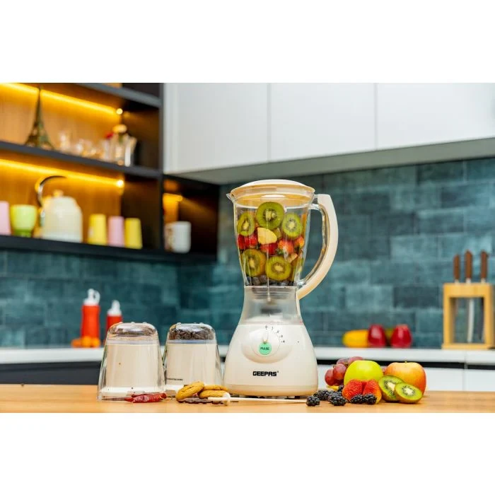 Geepas 3-in-1 multifunctional blender with a 400-watt powerful motor, 1.5-liter jar, 4 speed settings including a pulse function, stainless steel blades, safety lock feature