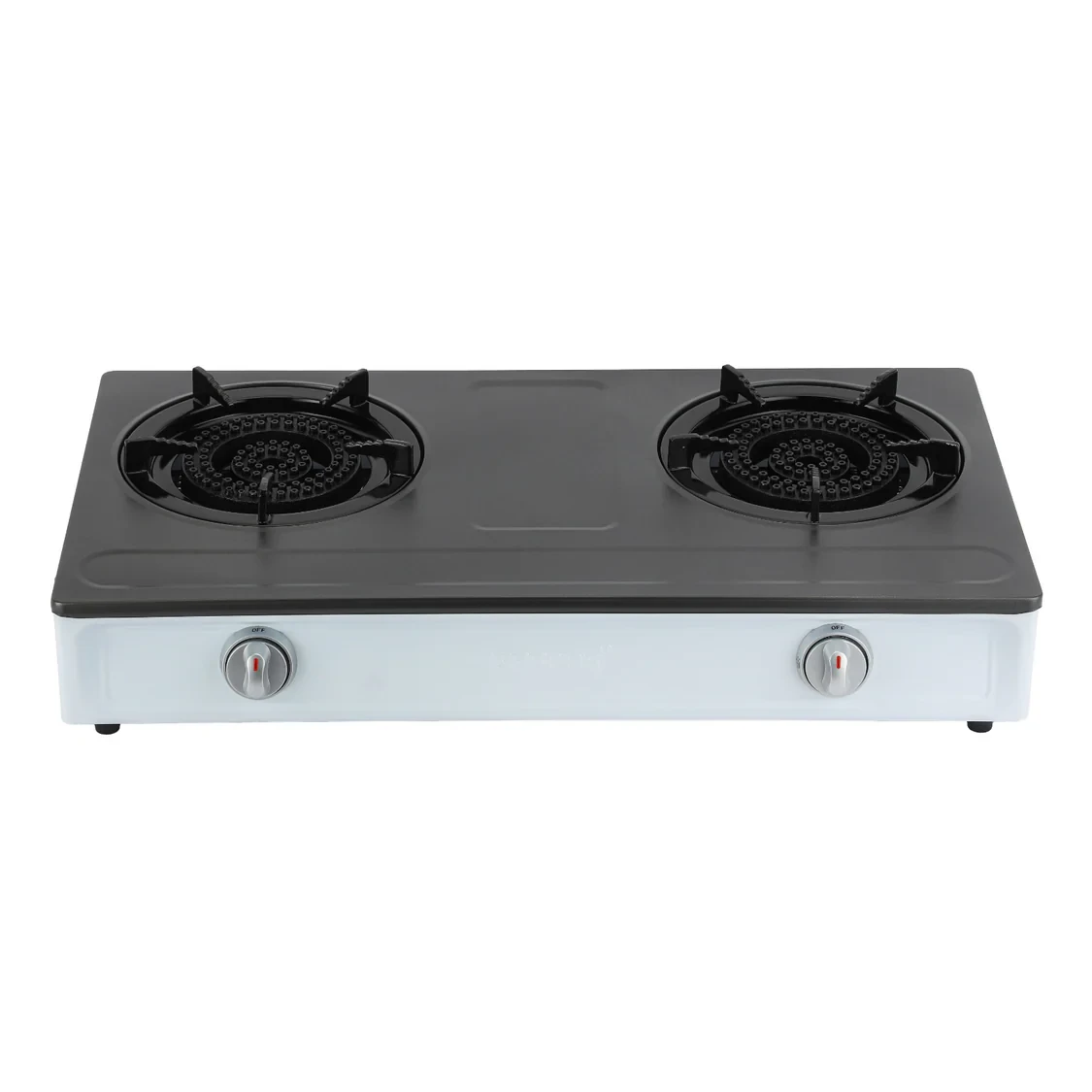Geepas GGC31048 stainless steel gas cooker with two cast iron burners, auto ignition, low gas usage that saves 60%, heavy enamel pan support, and is durable and easy to clean.