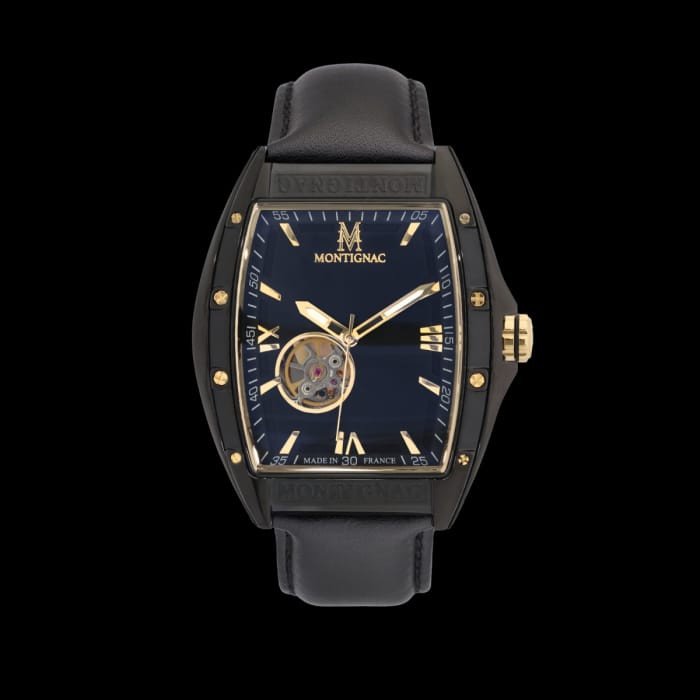 Montignac Tonneau Automatic Black Steel PVD Watch – Luxury Mechanical timer for Men