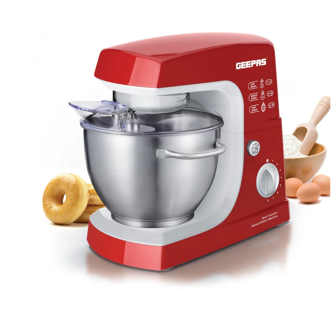 Geepas GSM5442 Stand Mixer comes with a 600-watt motor and a 4.2-liter stainless steel bowl. It has 8 speed settings and uses a planetary action mixing system.