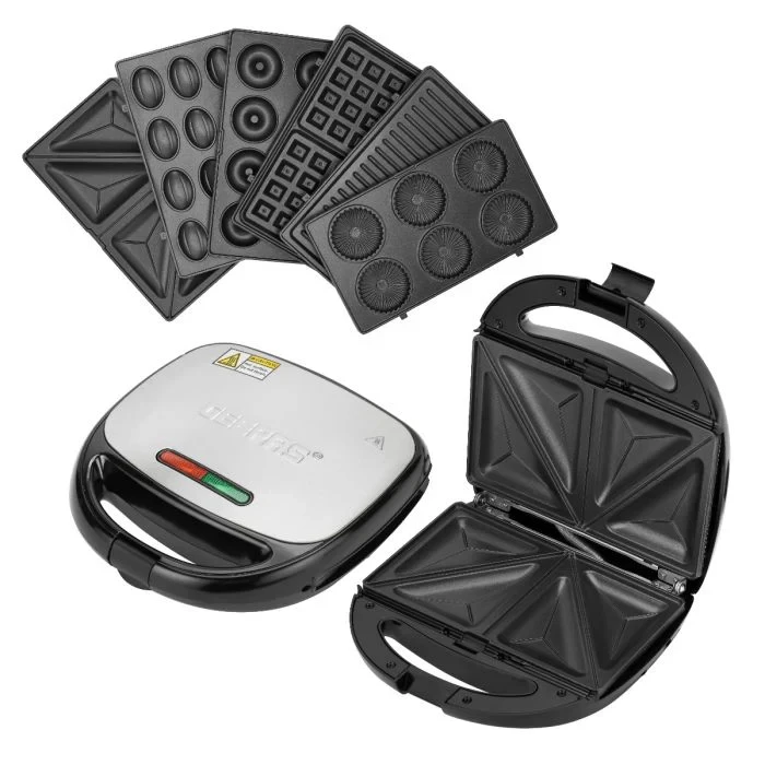 Geepas Multi-Snacks Maker GST5364, 850W Power, Interchangeable Non-Stick Plates for Waffle, Donut, Sandwich, Biscuit, Grill & Nut Making