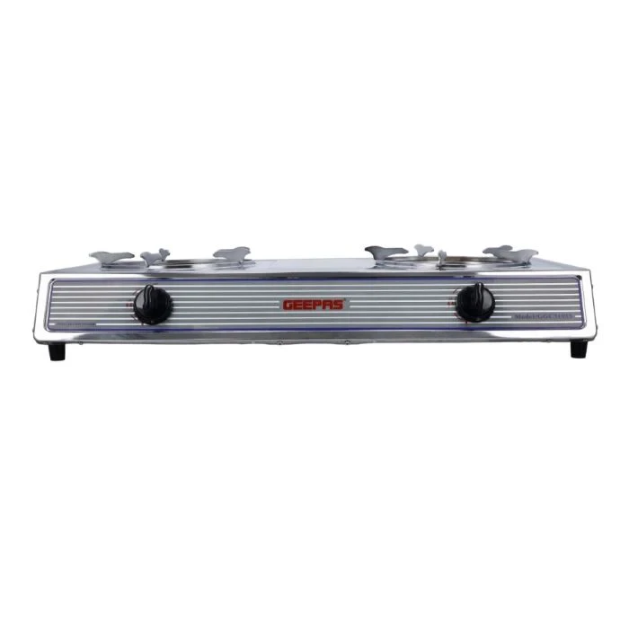 Geepas GGC31033 stainless steel gas cooker with two burners, featuring heavy-duty cast iron burners, an automatic ignition system, and a durable stainless steel body.