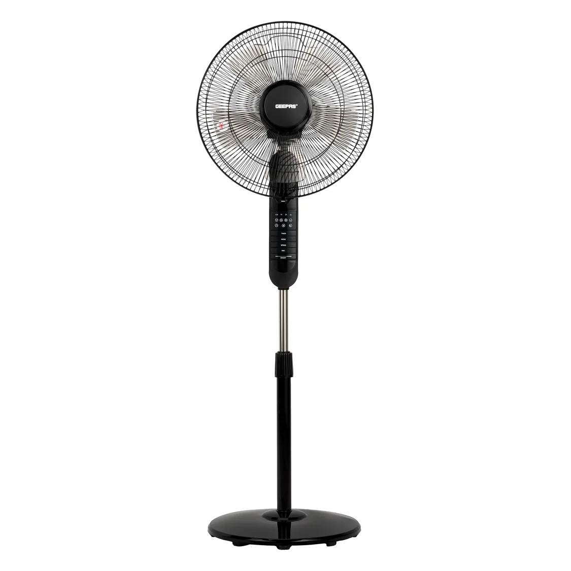 The Geepas GF9489 is a 16-inch stand fan that comes with a remote control. It features a 60W motor for strong airflow