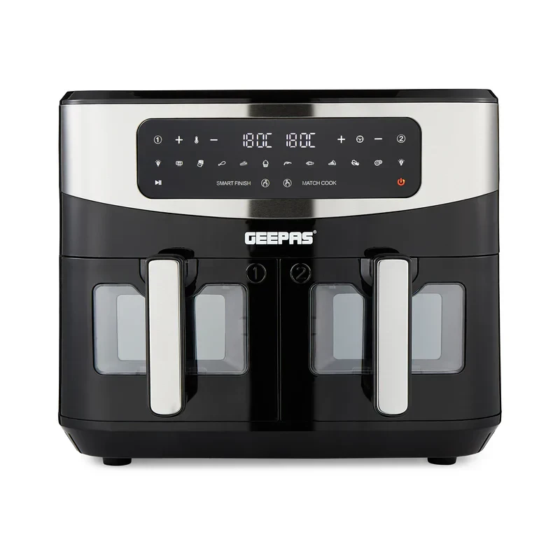 Geepas 9L Dual Basket Digital Air Fryer GAF37525UK – featuring Vortex Air Frying Technology, 10 preset cooking modes, oil-free cooking options, and an LED touch display.