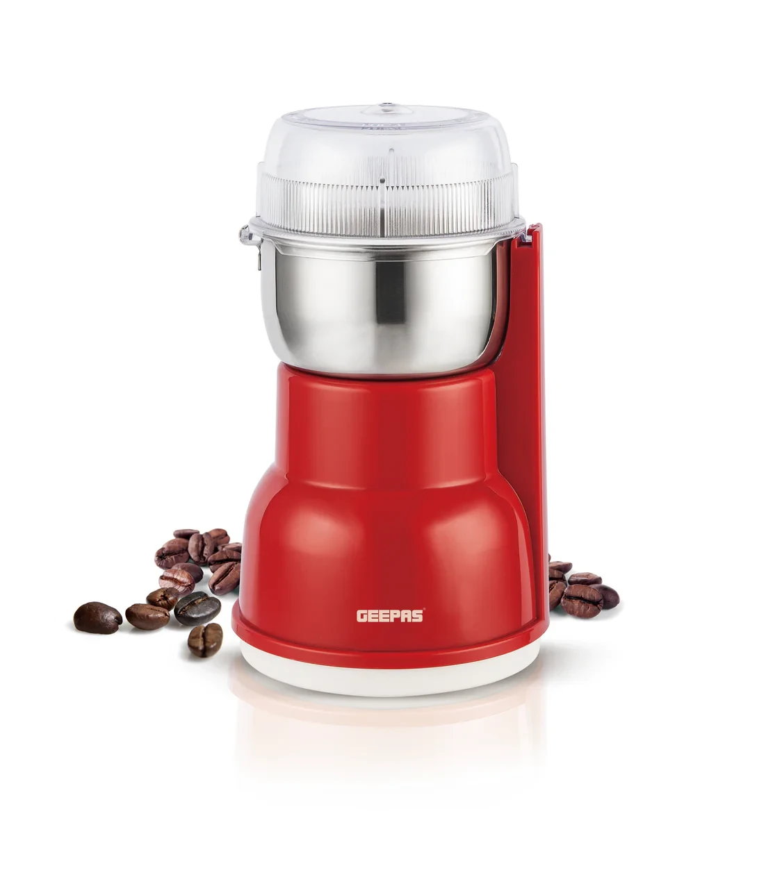 Geepas GCG5440 Coffee Grinder features a 250W motor with overheat protection. It has strong stainless steel cutting blades and a unique design. This grinder is perfect for grinding spices, nuts, and o