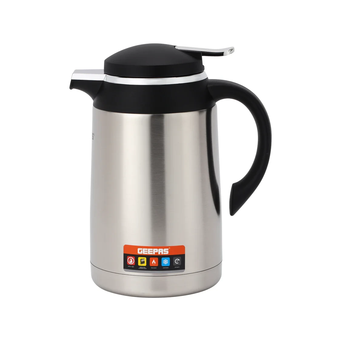 Geepas 1.3L Stainless Steel Vacuum Flask GVF27023 keeps drinks hot or cold for up to 24 hours. It's easy to carry with a comfortable grip. It's great for use at home, in the office, or while camping.