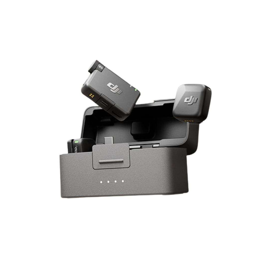 DJI Mic Mini 2 is a small wireless microphone system that works for two people. It uses a 2.4 GHz frequency and connects to cameras or smartphones.