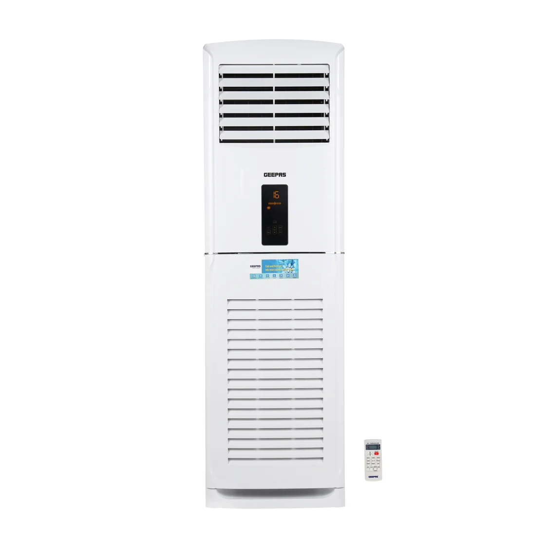 Geepas GACFS3634CA is a 3.0 ton floor-standing air conditioner with a cooling capacity of 36000 BTU. It features golden fin protection, a rotary compressor, and is energy efficient.