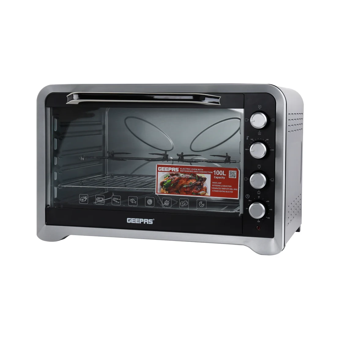 Geepas GO34027 is a 100-liter electric oven that includes a rotisserie and convection feature. It has a power rating of 2800 watts, allows for adjustable temperature settings