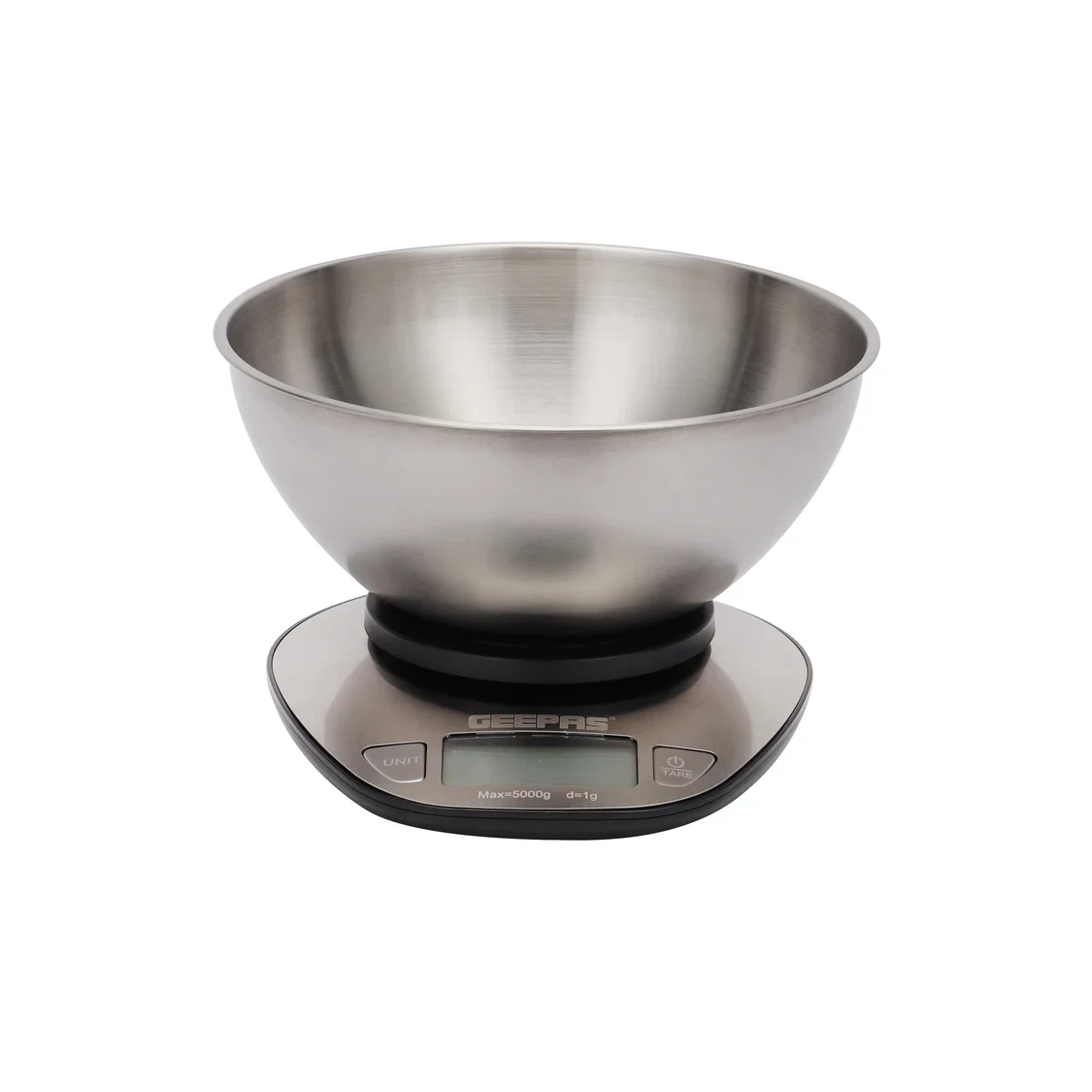 Geepas GKS4203 stainless steel kitchen scale has a 5kg capacity and comes with a stainless steel bowl. It features an LCD backlight display and allows for multiple unit measurements. It also uses low 