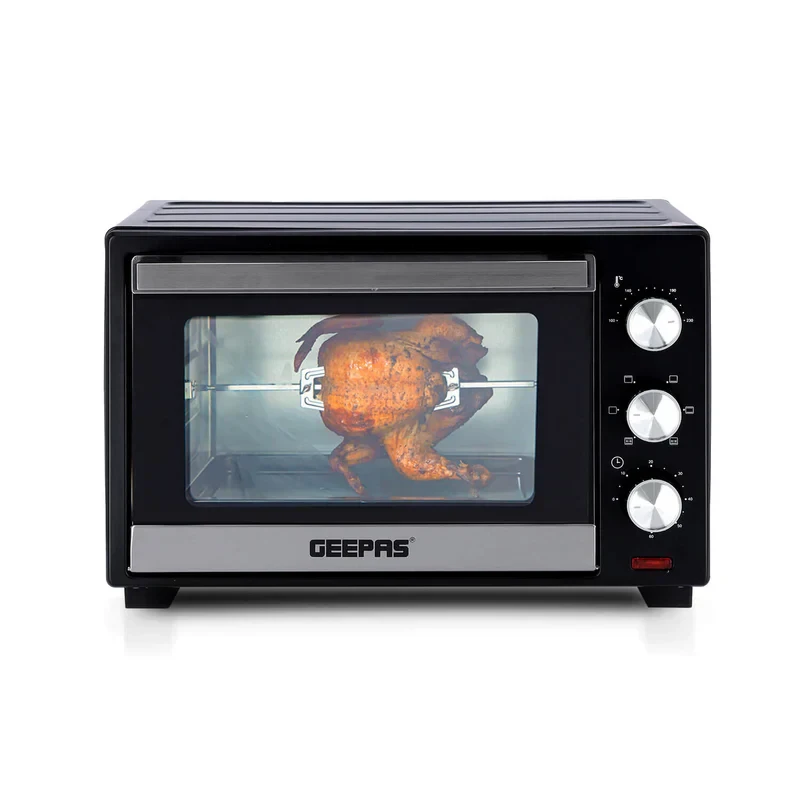 Geepas GO34049 is a 25-liter electric oven with a rotisserie function. It has a power output of 1600 watts, making it both compact and powerful