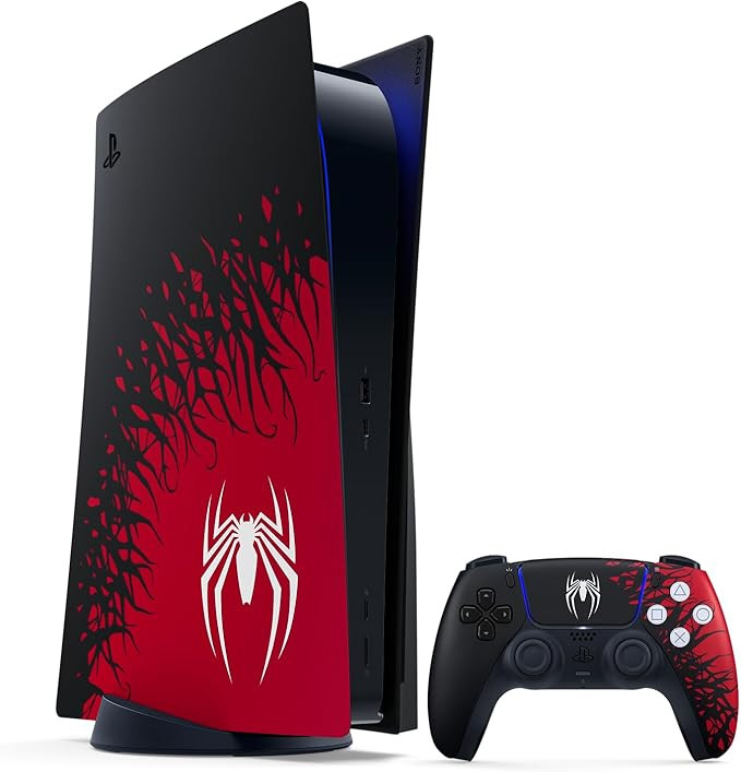 PlayStation 5 Console with the Marvel's Spider-Man 2 Limited Edition Bundle, including a 1TB SSD, 4K gaming capabilities, and a DualSense Wireless Controller.