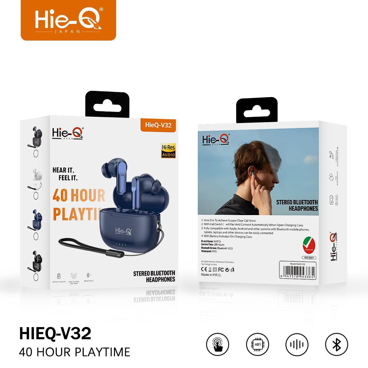 HIE- Q V32 Wireless Earbuds 40 Hours Playtime ENC Noise Reduction Bluetooth 5.3