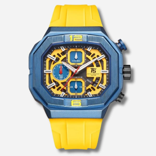 T5 Mens Quartz Chronograph Sports Watch Yellow Silicone Band