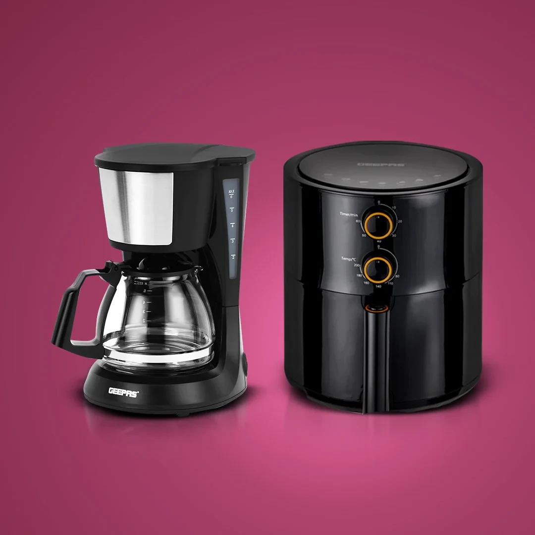 Geepas Coffee Maker and Air Fryer Combo – The Ideal Pair for a Healthier, Smarter Kitchen, Oil-Free Cooking and Freshly Brewed Coffee Set.