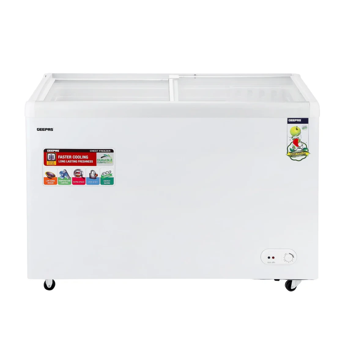 Geepas GCF4220SG casket Show Freezer 425L Convertible Freezer & Fridge malleable Thermostat Sliding Glass Door Fast indurating Function Cinch & crucial