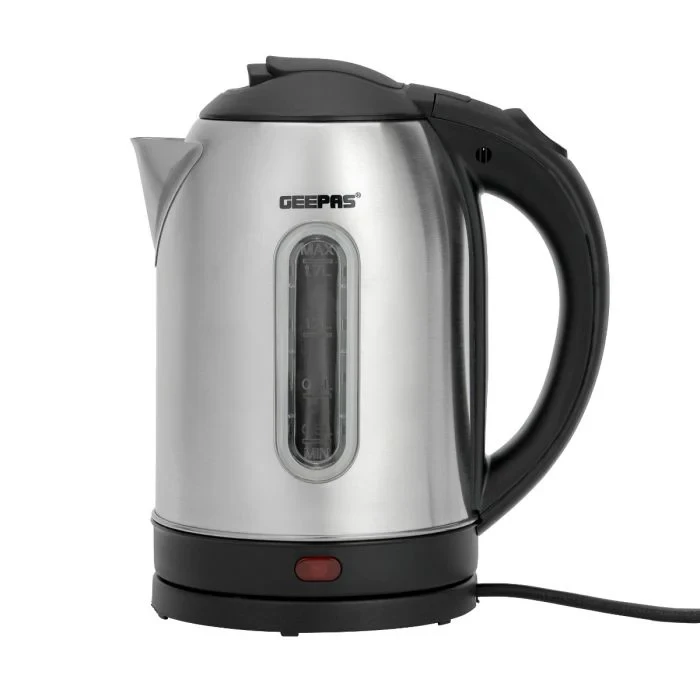 Geepas 1.8-liter stainless steel electric kettle with a 1500W heating element that boils water quickly. It has an automatic shut-off feature and a boil-dry safety protection to prevent damage when the