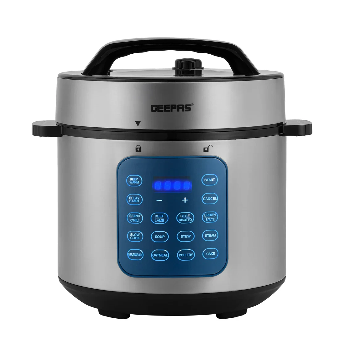 Geepas Digital Multi Cooker GMC35053 has a 6-liter capacity and uses 1000 watts of power. It comes with 12 one-touch cooking programs, making it easy to cook different meals