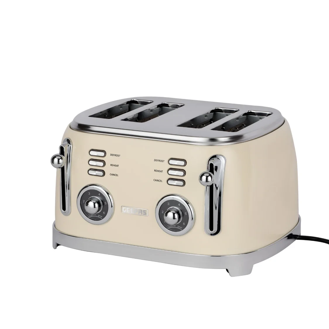 Geepas 4 Slice Toaster Model GBT36564UK-CR 1500W Powerful Toaster 6 Adjustable Browning Levels Defrost Reheat and Cancel Functions Removable Crumb Tray Cord Storage