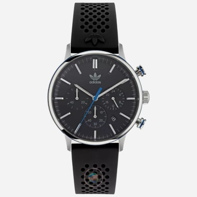 Adidas  Code One is a watch that has a quartz movement, a silicone strap, and it works as a stopwatch with chronograph features.