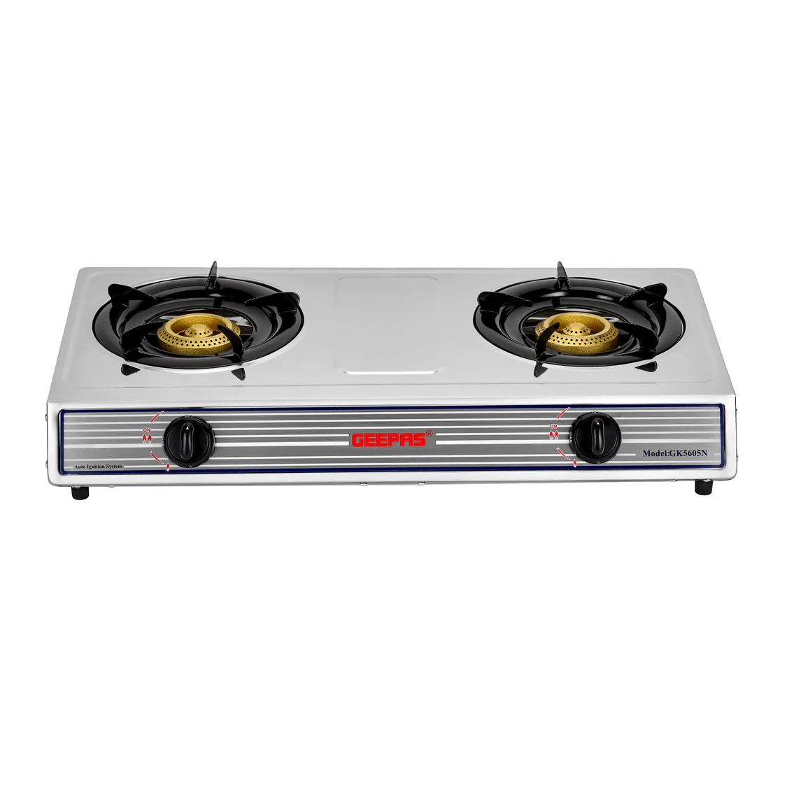 Geepas GK5605 is a stainless steel gas cooker featuring a double cast iron burner stovetop. It includes an auto ignition system for easy use, along with low gas consumption and efficient heating. This