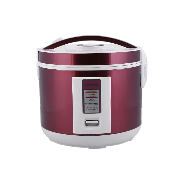 Geepas Stainless Steel Rice Cooker GRC4328 with 1.5-liter capacity, features cooking, steaming, and keeping food warm functions. It has a durable stainless steel body, a non-stick inner pot, and is ea