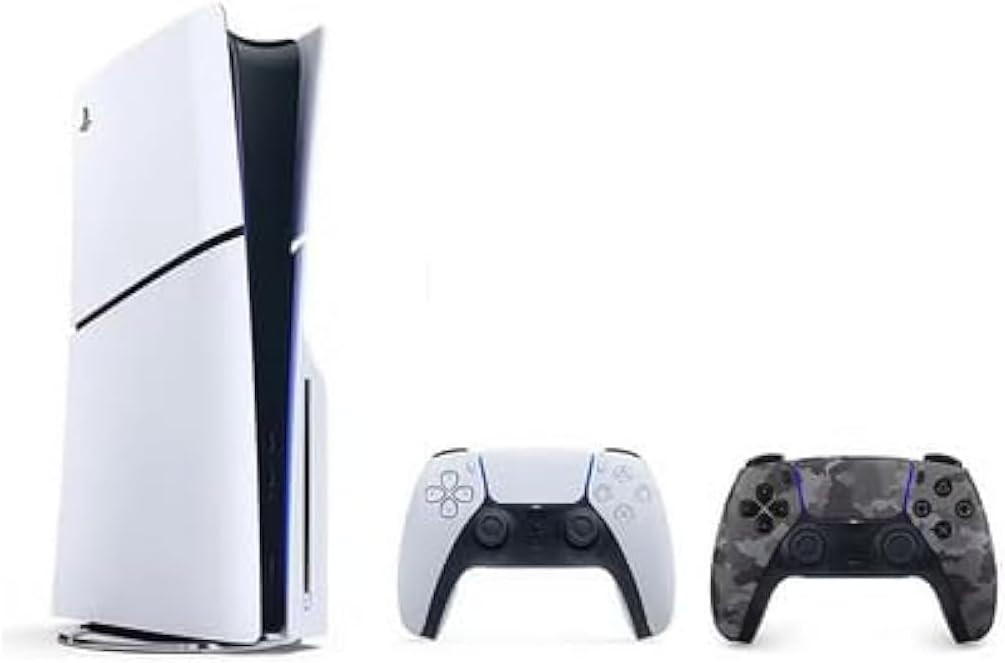 Sony PlayStation 5 Slim Edition with disc drive, released in 2023, comes with an extra grey camouflage DualSense controller. It's the international version, featuring a 1TB solid state drive and suppo