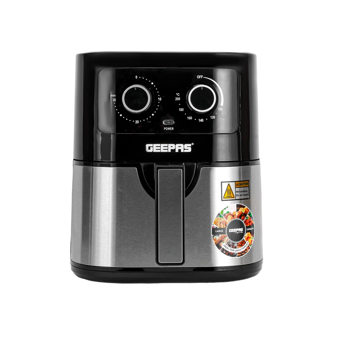 Geepas Air Fryer GAF37541 4.5L – features Vortex Air Frying Technology, an adjustable timer that lets you set cooking times from 1 to 30 minutes, temperature control ranging from 100 to 200 degrees Ce